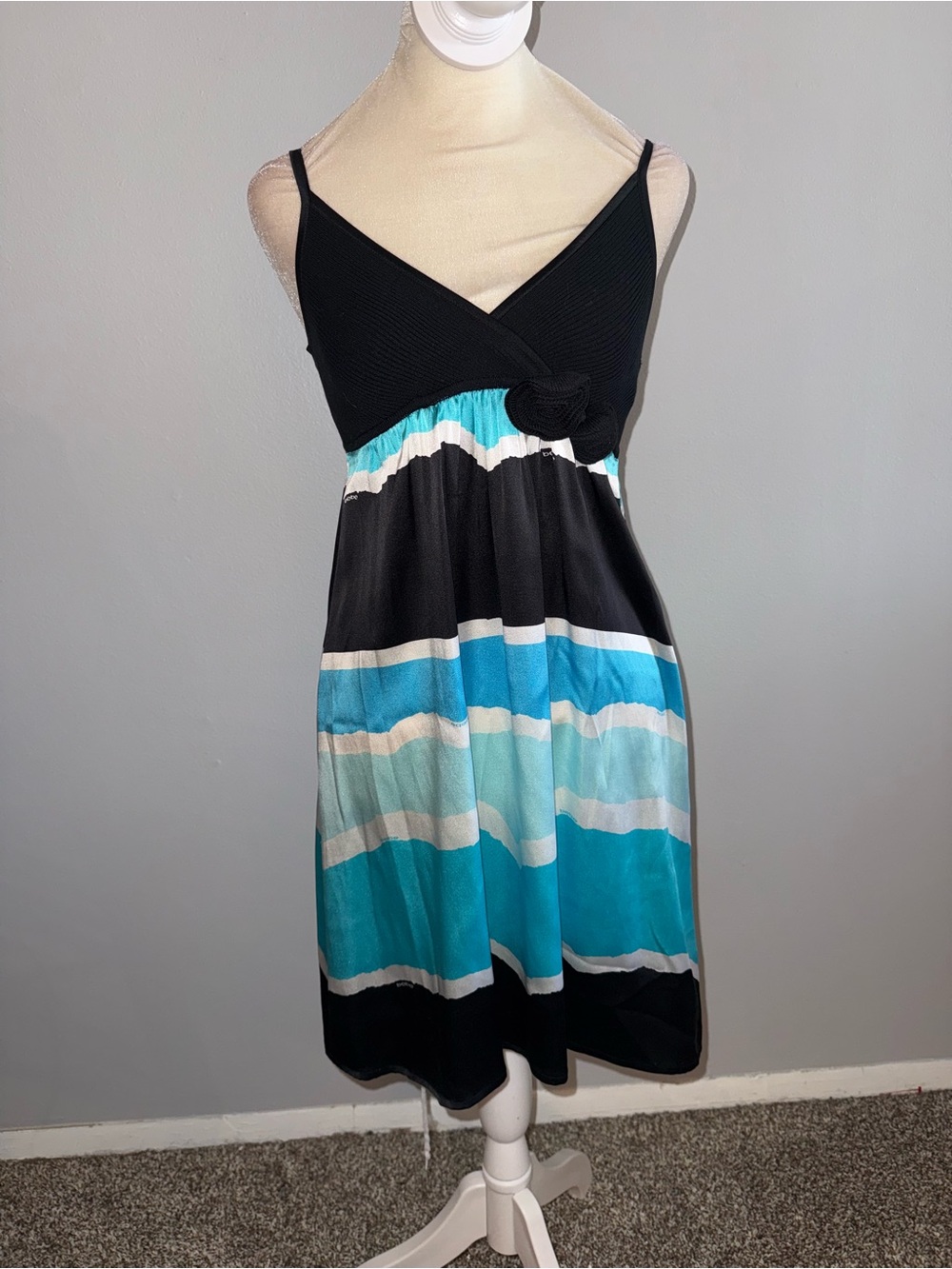 Bebe Black and Teal Striped Midi Dress